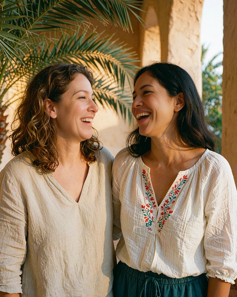 Two Latina women in casual linen and an embroidered blouse sharing a laugh beneath a palm-lined colonnade