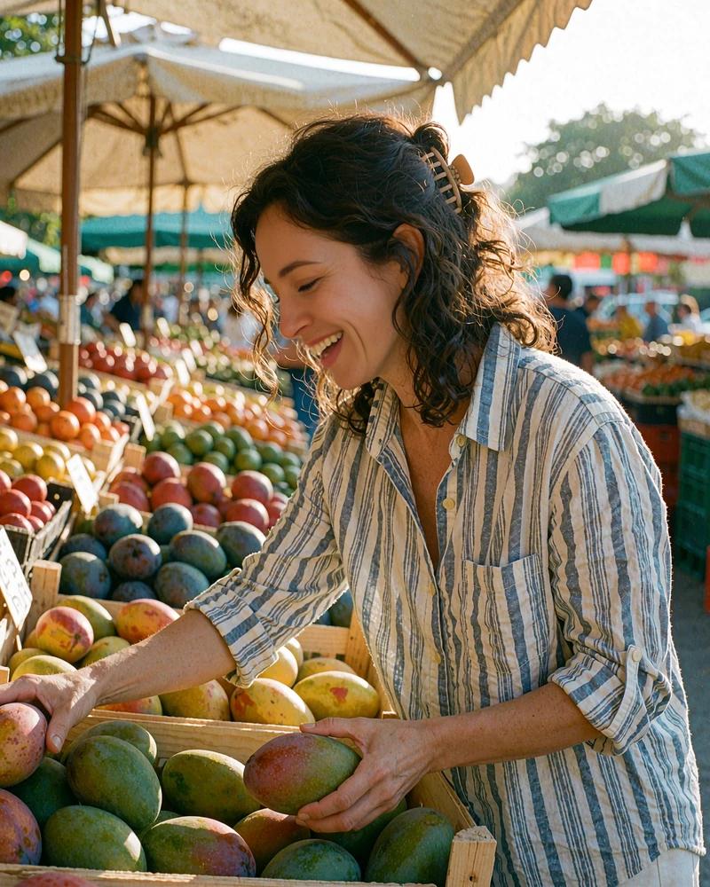 Latina woman in a striped shirt laughing while choosing mangoes at an open-air market stall