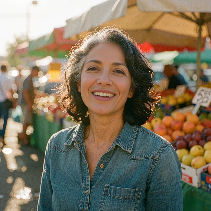 Laughing woman with silver-streaked dark hair in a chambray shirt at a sunny outdoor market