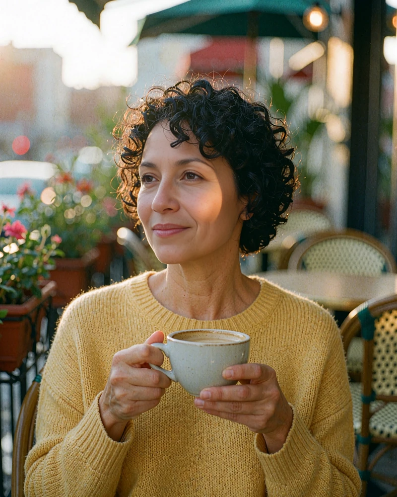 Woman with short dark curls in a mustard sweater holding a coffee cup on a cafe terrace, calm and unhurried