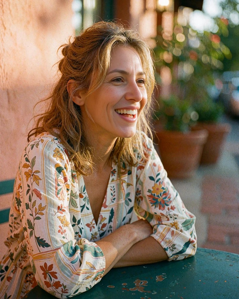 Latina woman in a coral paisley blouse laughing mid-conversation at an outdoor cafe table