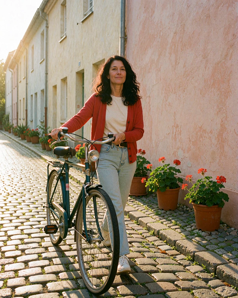 Latina woman in a red cardigan walking a vintage bicycle down a quiet cobblestone street