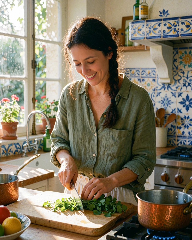 Latina woman with a side braid in an olive linen shirt chopping fresh cilantro in a sunny, tiled home kitchen