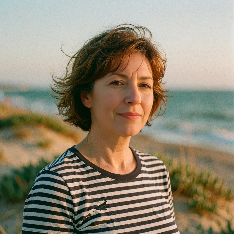 Woman in her forties with short auburn-brown hair and a striped tee, shown as the avatar in an example chat