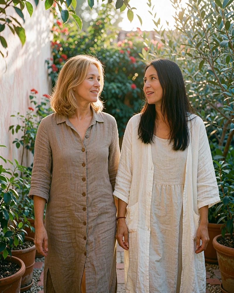 Two women in their forties chatting on a garden path lined with terracotta pots on a warm evening