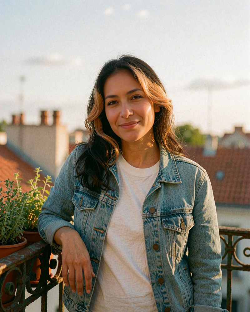 Smiling Latina woman in a white tee and denim jacket leaning on a balcony railing with potted herbs, an example dating profile photo