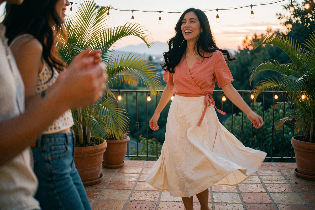 Latina woman in a coral blouse and cream skirt laughing mid-twirl while dancing on a tiled patio at dusk with string lights