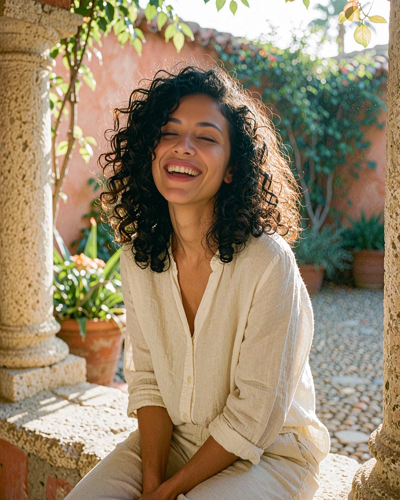 Smiling Latina woman with dark curly hair in a cream linen blouse, laughing on a ledge in a sunny courtyard