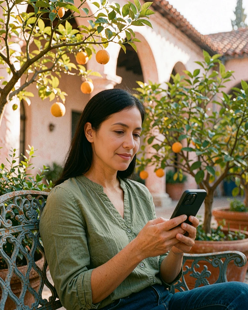 Latina woman in an olive green blouse checking her phone on a garden bench while researching whether LatiMeets is legit
